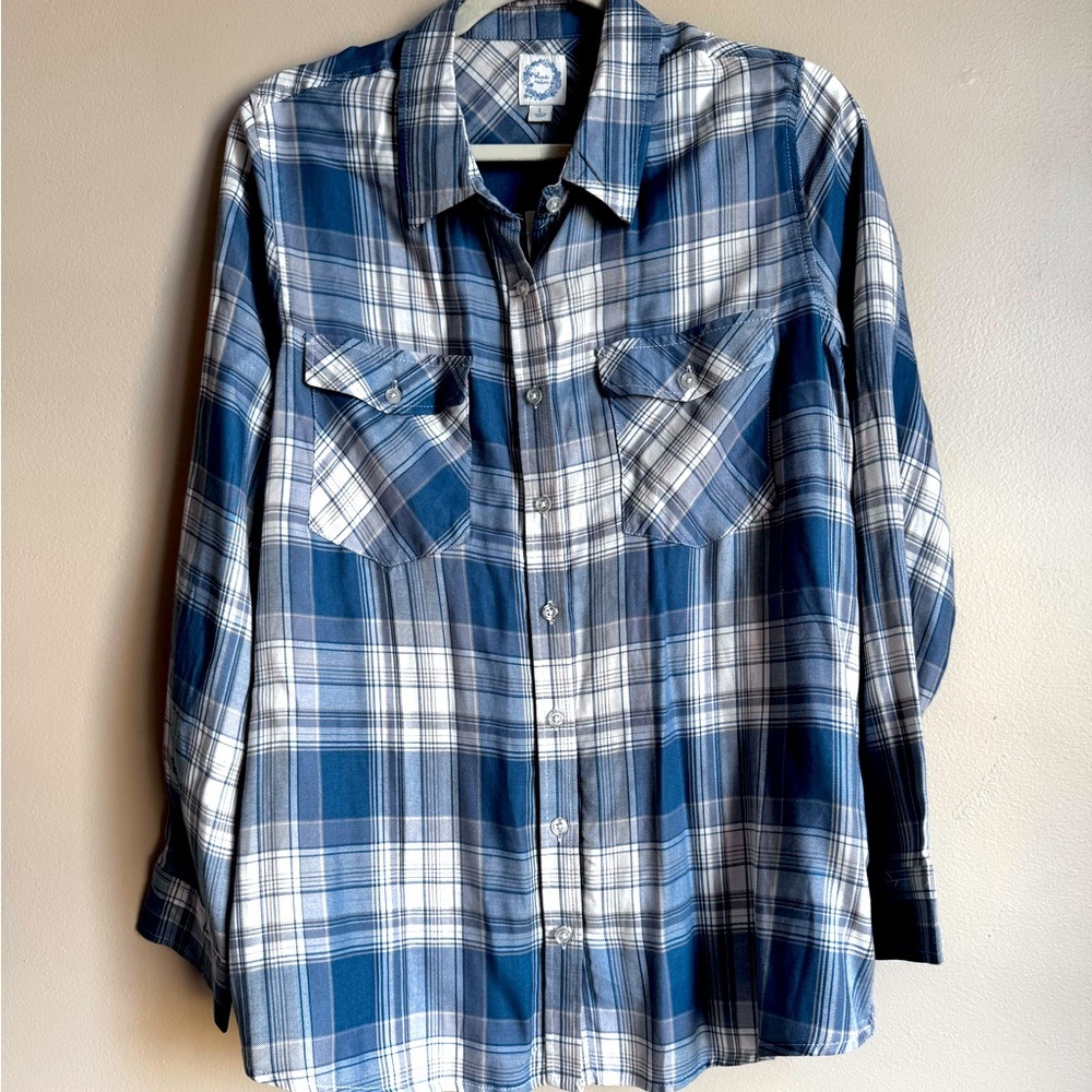 Blue Rain Francesca’s Large Blue Plaid Button Down Cotton‎ Western Boho
